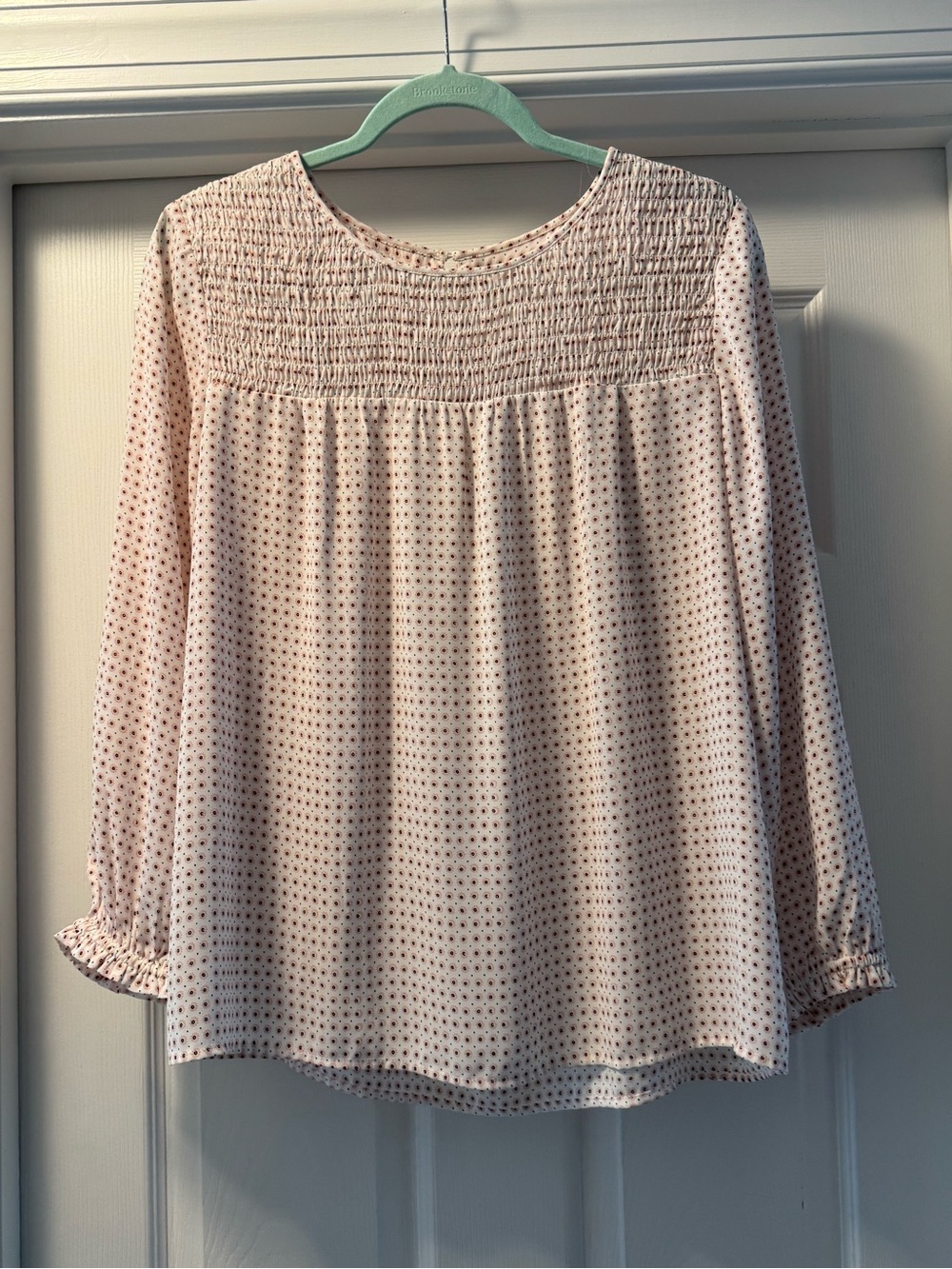 LOFT Blush Pink Smocked Yoke Dot-Print Blouse